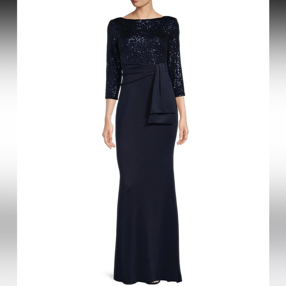 Eliza J 3/4 Sleeve Boat Neck Sequin Side Ruffle V-Back A-Line Gown - Picture 3 of 6